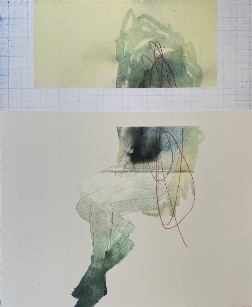 a silkscreen image of an ink-wash figure split near the top by a piece of gridded paper. 